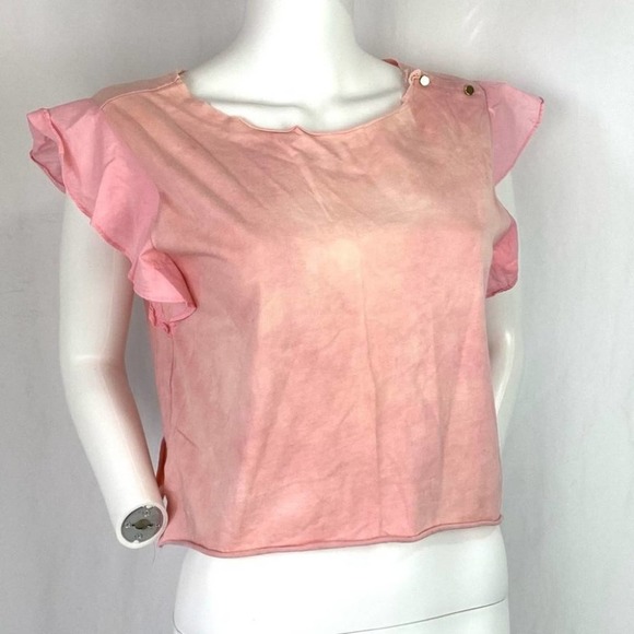 LOVESHACKFANCY CROPPED PINK FLUTTER SLEEVE BELLY SHIRT TOP SZ M - Picture 1 of 7